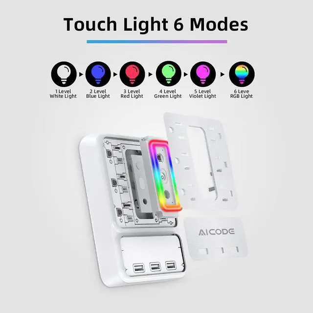 Alt view image 10 of 12 - Multi Plug Outlet Extender,6 Outlet Surge Outlet Protector with 3 USB Charger(3.2A Total),Wall Outlet Plug Electrical Outlet with 6 Ambient RGB Light , Plug Extender for Home,Office,Dorm,Hotel