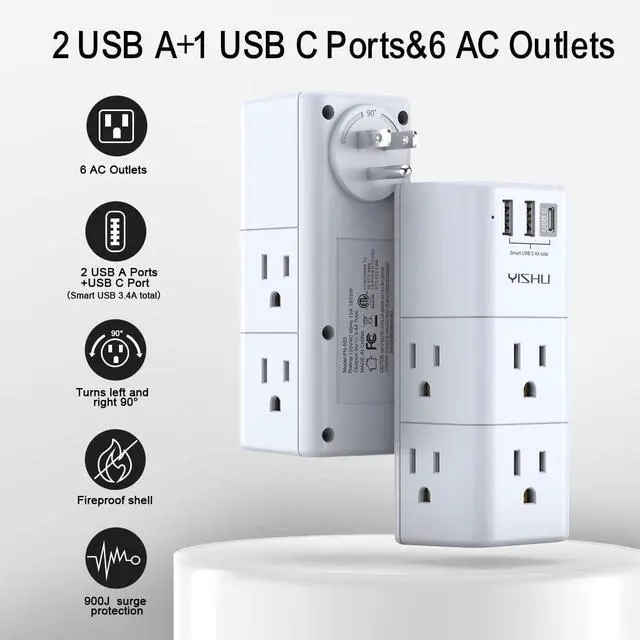 Alt view image 8 of 12 - USB Multi Plug Outlet Extender - YISHU Surge Protector with Rotating Plug, 6 AC Plug Extender with 3 USB Ports, 3-Sided Swivel Power Strip Best Ideal Stocking Stuffers for Adults