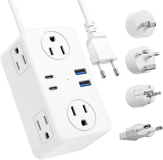 Alt view image 8 of 14 - European Travel Plug Adapter, EU/UK/US Travel Plug Adapter Power Strip, 6 AC Outlets, 4 USB Ports (2 USB C), 3ft Wrapped Around Extension Cord, Universal Travel Adapter