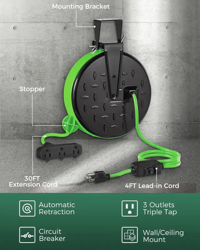 Alt view image 10 of 14 - 30 Ft Retractable Extension Cord Reel, 16/3 Gauge SJTW Power Cord with 3 Electrical Outlets Pigtail for Garage and Shop, 10 Amp Circuit Breaker, Metal Plate, UL Listed, Green J30CR06