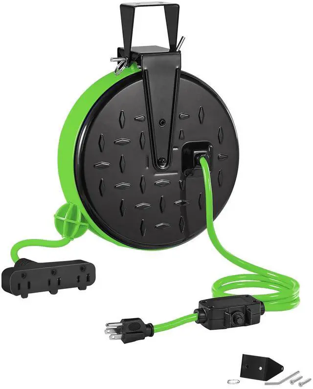 Alt view image 8 of 14 - 30 Ft Retractable Extension Cord Reel, 16/3 Gauge SJTW Power Cord with 3 Electrical Outlets Pigtail for Garage and Shop, 10 Amp Circuit Breaker, Metal Plate, UL Listed, Green J30CR06