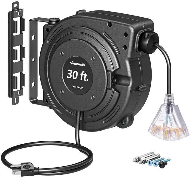 Alt view image 8 of 14 - 30FT Retractable Extension Cord Reel, 16/3C SJTW Heavy Duty Power Cord, Lighted Triple Outlets, 10A Circuit Breaker, Lightweight 180° Swivel Bracket, Ceiling/Wall Mount, ETL Listed, Black