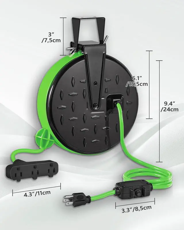 Alt view image 12 of 14 - 30 Ft Retractable Extension Cord Reel, 16/3 Gauge SJTW Power Cord with 3 Electrical Outlets Pigtail for Garage and Shop, 10 Amp Circuit Breaker, Metal Plate, UL Listed, Green J30CR06