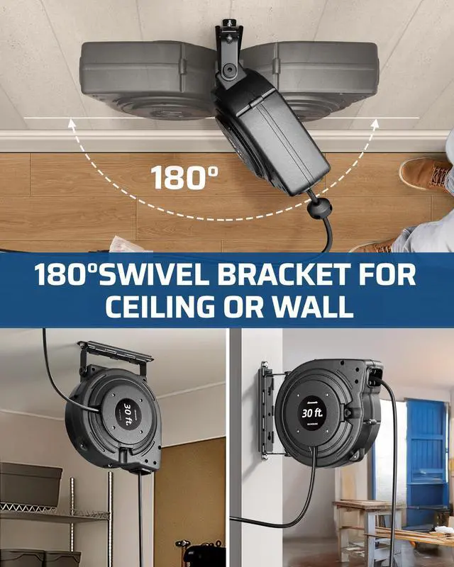 Alt view image 11 of 14 - 30FT Retractable Extension Cord Reel, 16/3C SJTW Heavy Duty Power Cord, Lighted Triple Outlets, 10A Circuit Breaker, Lightweight 180° Swivel Bracket, Ceiling/Wall Mount, ETL Listed, Black