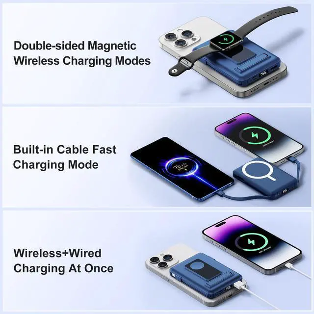Alt view image 14 of 14 - for Magsafe Battery Pack, 10000mAh Power Bank for iPhone with Built-in Cables, 20W Fast Charging Magnetic Wireless Portable Charger with Stand for iPhone 17/16/15/14/13/12/Apple Watch Series