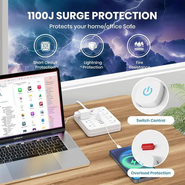 Alt view image 12 of 14 - Power Strip Surge Protector with 8 Outlets, 4 USB and 2 USB C Ports, 5 Ft Extension Cord, Flat Plug, Wall Mount, Overload Protection Desk USB Charging Station for Home, OfficeWhite