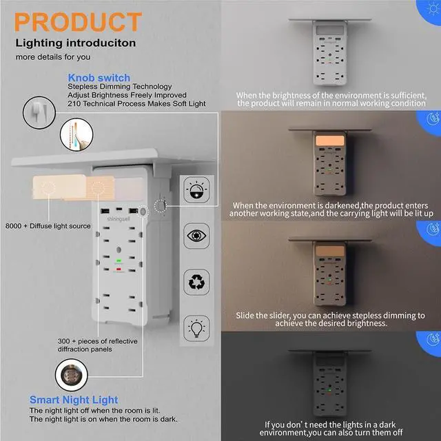 Alt view image 10 of 14 - Wall Outlet Extender with Shelf and Night Light, Surge Protector with 3 USB Ports (2A+1C) and 6 AC Outlets, Multi Plug Power Strip Electric Outlet Splitter for Home and Office Use, White