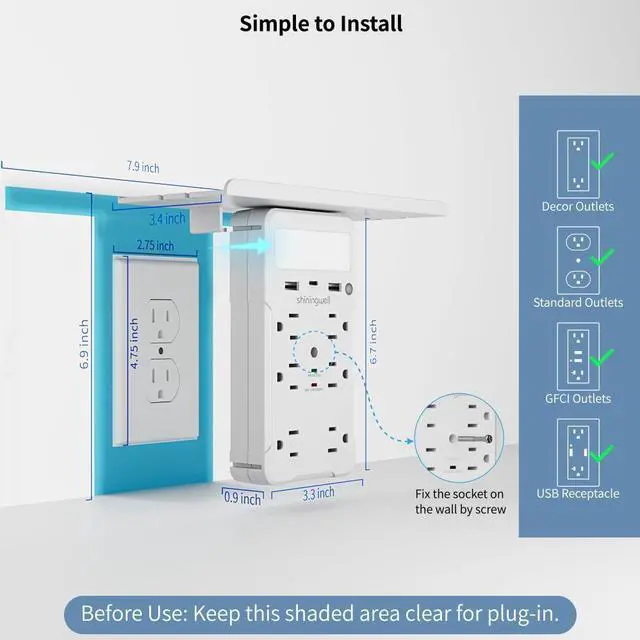 Alt view image 11 of 14 - Wall Outlet Extender with Shelf and Night Light, Surge Protector with 3 USB Ports (2A+1C) and 6 AC Outlets, Multi Plug Power Strip Electric Outlet Splitter for Home and Office Use, White