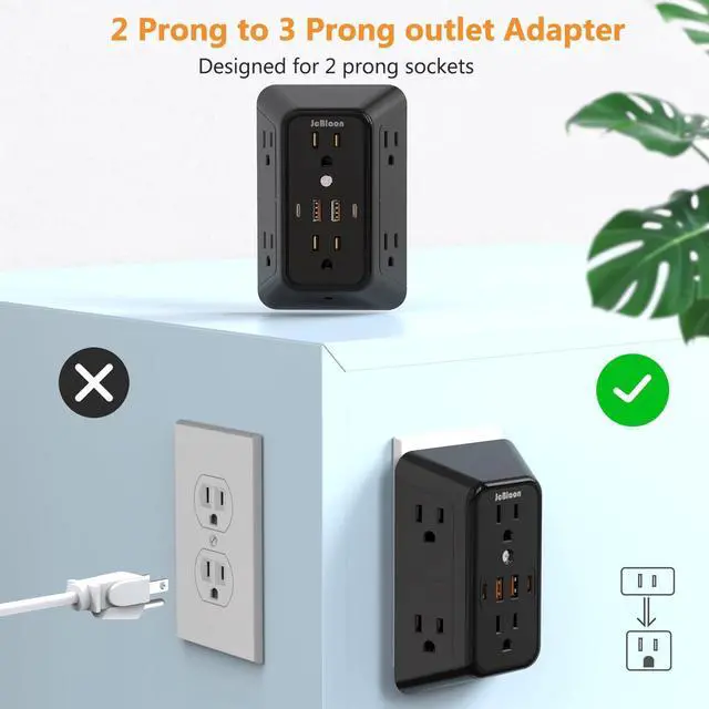 Alt view image 14 of 14 - Surge Protector Outlet Extender, 6 Outlet Extender with 4 USB Charging Ports (2 USB C), 3 Sided Multi Plug Wall Adapter for Home, Office, Travel-2 Pack,Black