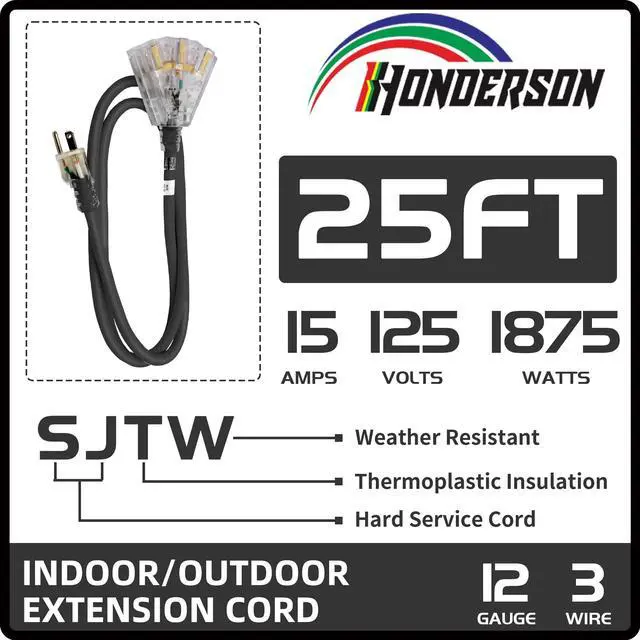 Alt view image 9 of 13 - 3-Outlets Indoor Outdoor Extension Cord Weatherproof with Lighted End, UL Certified, 12 Gauge 25FT Black 3 Prong Heavy Duty, 12/3 SJTW 15A Power Cord