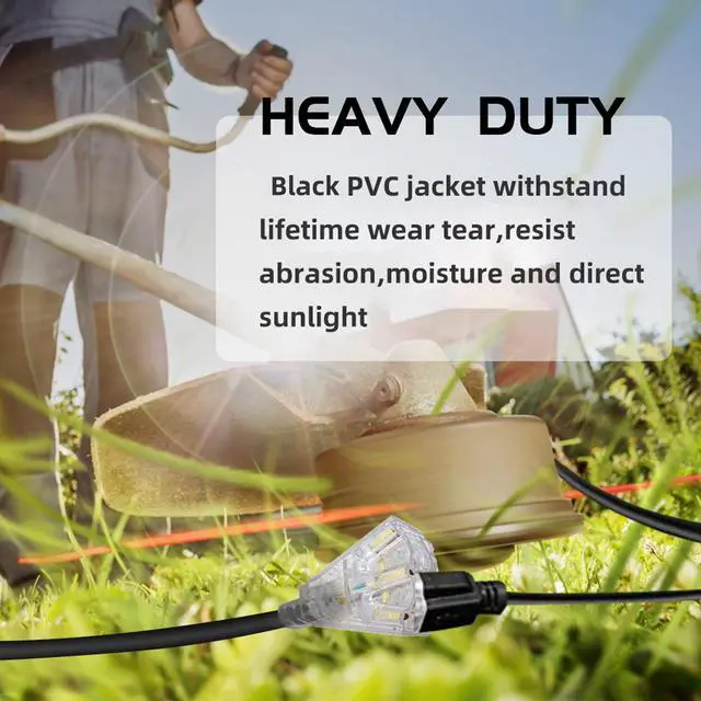 Alt view image 12 of 13 - 3-Outlets Indoor Outdoor Extension Cord Weatherproof with Lighted End, UL Certified, 12 Gauge 25FT Black 3 Prong Heavy Duty, 12/3 SJTW 15A Power Cord