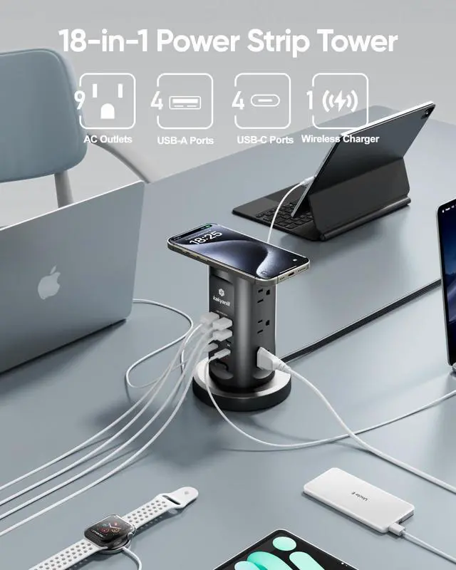 Alt view image 9 of 14 - 115W USB Charging Station, Surge Protector Power Strip Tower, 9 AC Outlets with 8 USB Ports(4 USB-C), 6Ft Flat Plug Retractable Extension Cord, for Home Office Dorm, Black