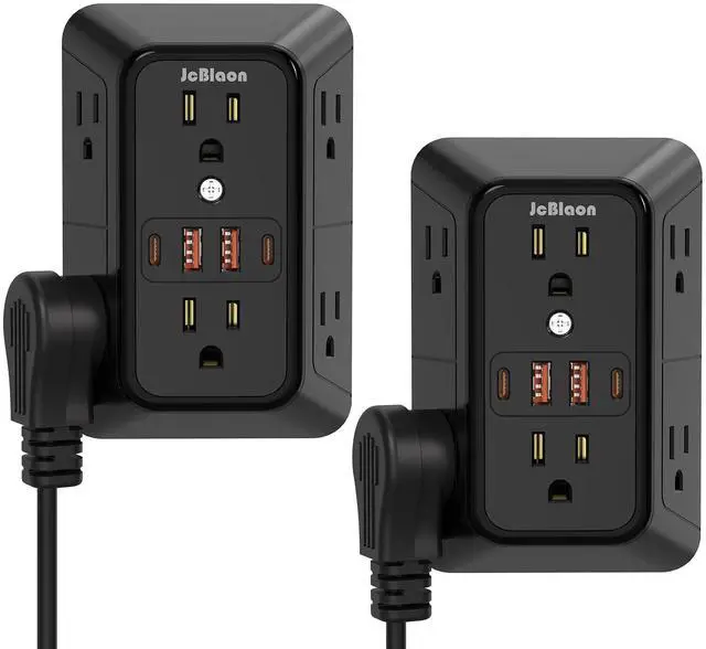 Alt view image 8 of 14 - Surge Protector Outlet Extender, 6 Outlet Extender with 4 USB Charging Ports (2 USB C), 3 Sided Multi Plug Wall Adapter for Home, Office, Travel-2 Pack,Black