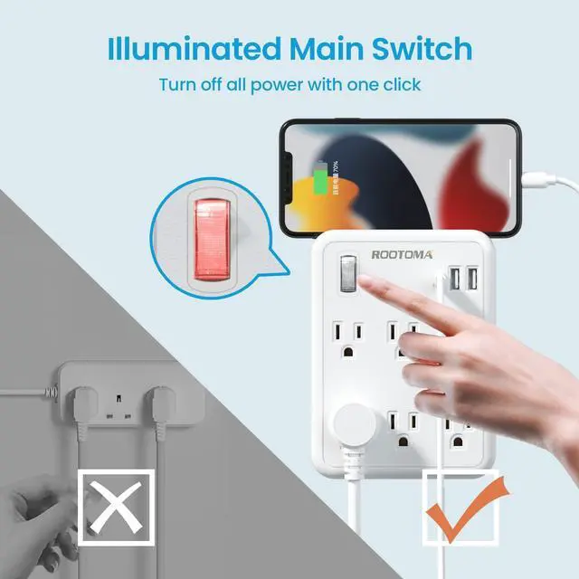 Alt view image 11 of 14 - USB Wall Outlet Extender with On Off Switch, Surge Protector Outlet,6 AC Multi-Plug with 3 USB Ports (1 USB C), 490 Joules, Flat Socket Splitter with Spaced Outlet for Home, Office, College