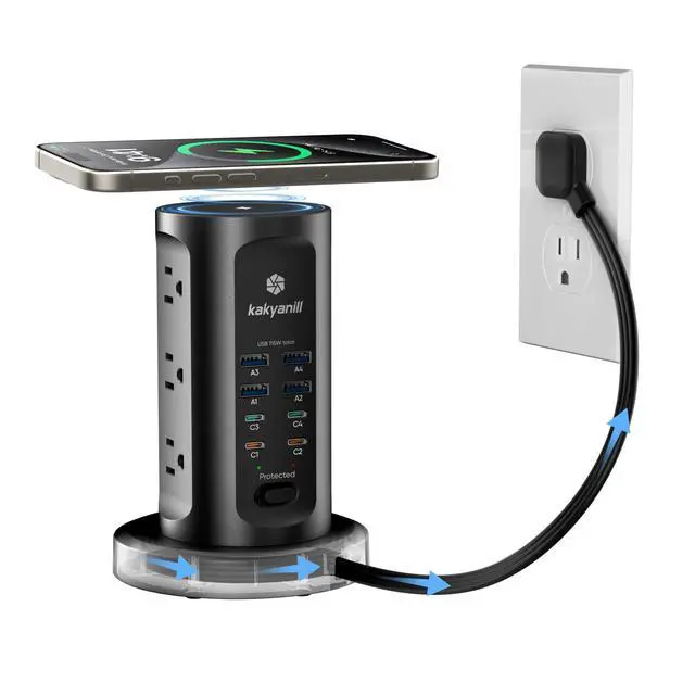 Alt view image 8 of 14 - 115W USB Charging Station, Surge Protector Power Strip Tower, 9 AC Outlets with 8 USB Ports(4 USB-C), 6Ft Flat Plug Retractable Extension Cord, for Home Office Dorm, Black