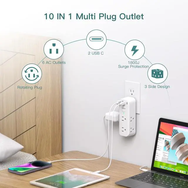 Alt view image 9 of 14 - Surge Protector Wall Outlet Extender, Multi Plug Outlet with Rotating Plug, 6 AC Outlets 4 USB Ports (2 USB C), 1800J, 3-Side Power Strip Wall Mount, Outlet Splitter for College Dorm Travel Essentials