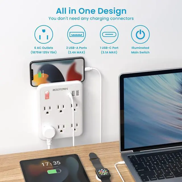 Alt view image 9 of 14 - USB Wall Outlet Extender with On Off Switch, Surge Protector Outlet,6 AC Multi-Plug with 3 USB Ports (1 USB C), 490 Joules, Flat Socket Splitter with Spaced Outlet for Home, Office, College