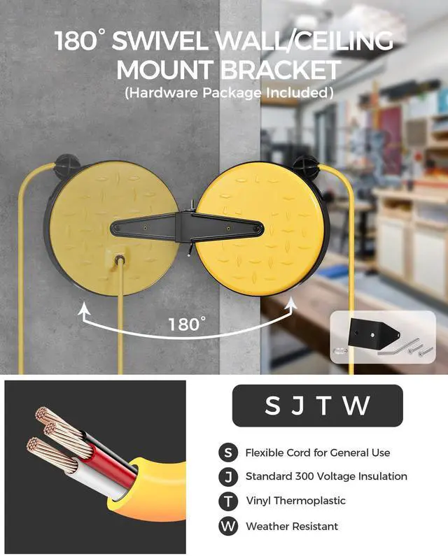 Alt view image 9 of 14 - 30 Ft Retractable Extension Cord Reel, 16/3 Gauge SJTW Power Cord with 3 Electrical Outlets Pigtail for Garage and Shop, 10 Amp Circuit Breaker, Metal Plate, UL Listed, Black B30CR06