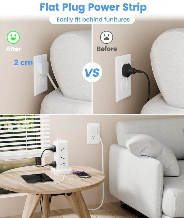Alt view image 13 of 14 - Power Strip Tower with Surge Protector 1800J, Fast Charging Tower PD20W USB-C Ports with 12 AC Outlets, 9.8ft Extension Cord for Home Office Dorm Room, White