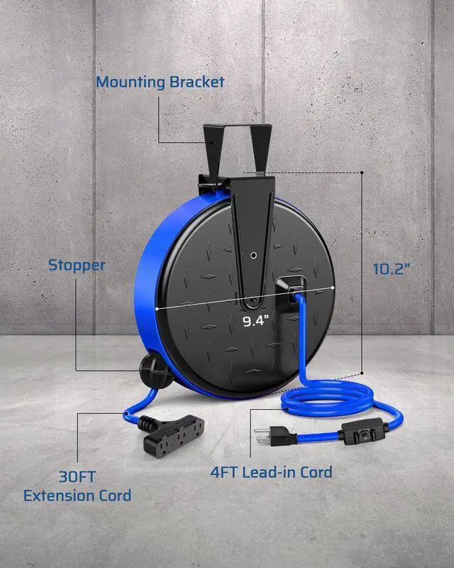 Alt view image 13 of 14 - 30FT Extension Cord Reel, 16/3 Gauge SJTW Power Cord, Retractable Cord Reel with 3 Outlets, Ceiling/Wall Mount for Garage, Workshop, 10A Circuit Breaker, Metal Plate, UL Listed, Blue