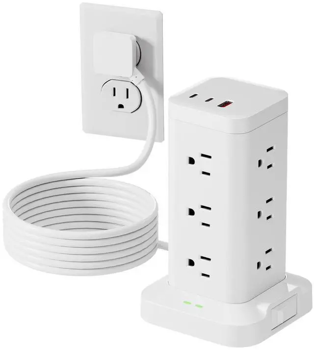 Alt view image 8 of 14 - Power Strip Tower with Surge Protector 1800J, Fast Charging Tower PD20W USB-C Ports with 12 AC Outlets, 9.8ft Extension Cord for Home Office Dorm Room, White