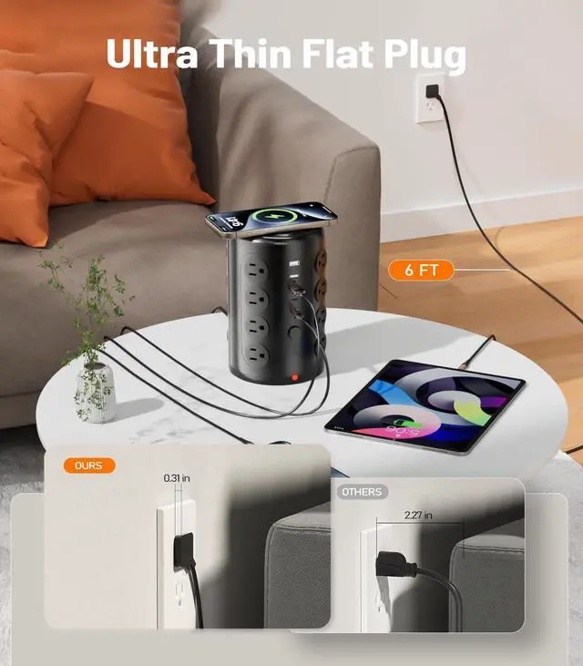 Alt view image 9 of 12 - Power Strip Tower Surge Protector, TenTrend 16 Outlets and 5 USB Ports (2 USB-C), 2000 Joules Charging Station, 6FT Flat Plug Extension Cord for Home Office Dorm Room Essentials, Black
