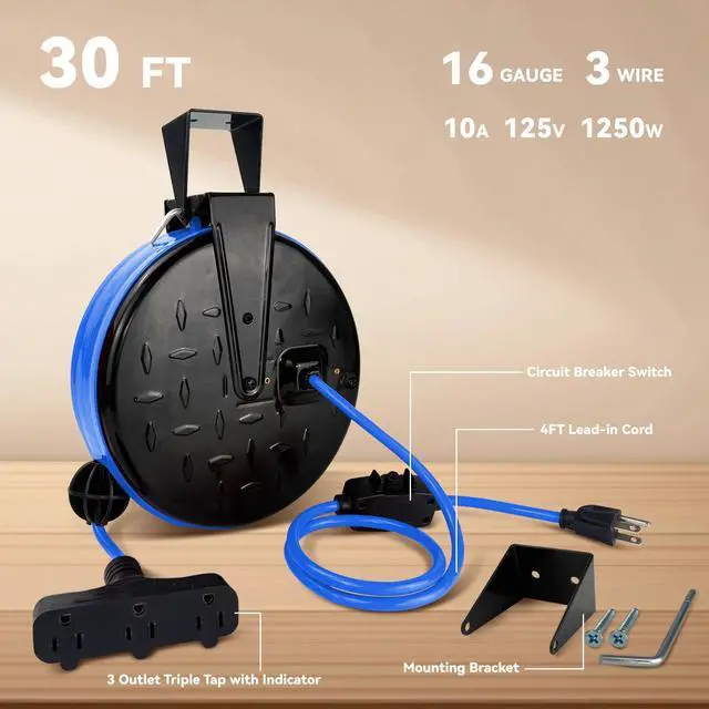 Alt view image 12 of 12 - Retractable Extension Cord Reel, 16/3 SJTW Power Cord 30Ft with 3 Electrical Outlets and 10 Amp Circuit Breaker, Ceiling or Wall Mount, Metal Plate, UL Listed, Blue