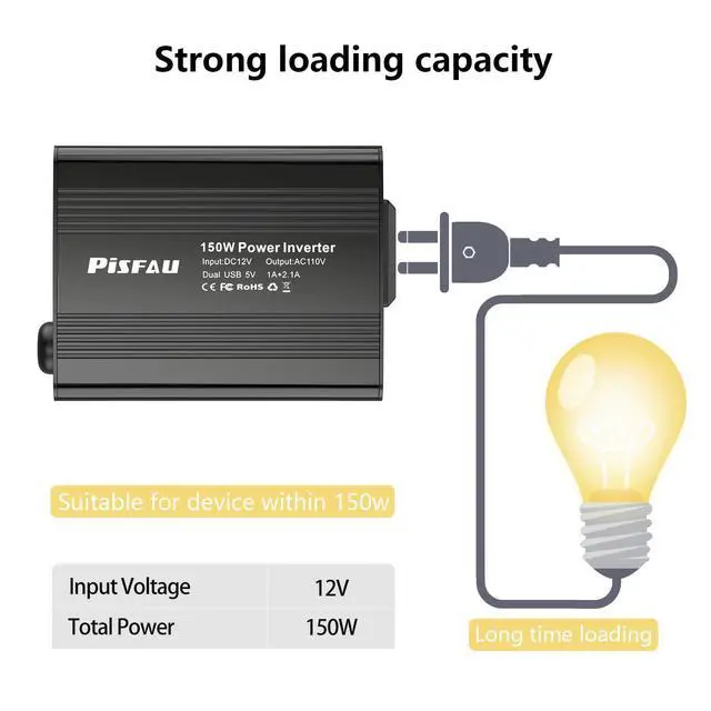 Alt view image 12 of 14 - 150W Power Inverter 12V DC to 110V AC Car Plug Adapter Outlet Converter with 3.1A Dual USB AC car Charger for Laptop Computer Black