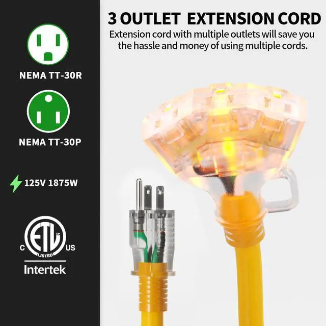 Alt view image 9 of 14 - 1 FT 2 Pack 12/3 Gauge Extension Cord with Multiple Outlets Outdoor, 3 Outlet Extension Cord Heavy Duty Yellow with Lighted, Tri-Tap Power Cable, 12AWG 15Amp 1875Watts 125Volts SJTW, ETL Listed