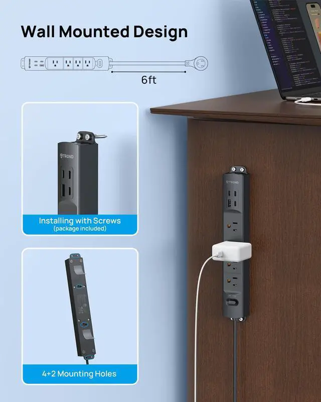 Alt view image 12 of 14 - 360° Rotating Plug Surge Protector, Power Strip with USB Ports, 3 USB C and 1 USB A, 1440 Joules, ETL Listed, 1625W, Wall Outlet Extender, 6ft Extension Cord for Home Office Dorm, Black