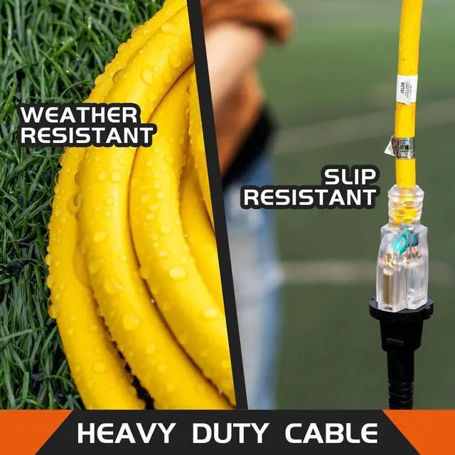 Alt view image 10 of 12 - Indoor Outdoor Extension Cord Weatherproof with Lighted End, UL Listed, 12 Gauge 25FT Yellow 3 Prong Heavy Duty, 12/3 SJTW 15A Power Cord for Outdoor Lights, Lawn