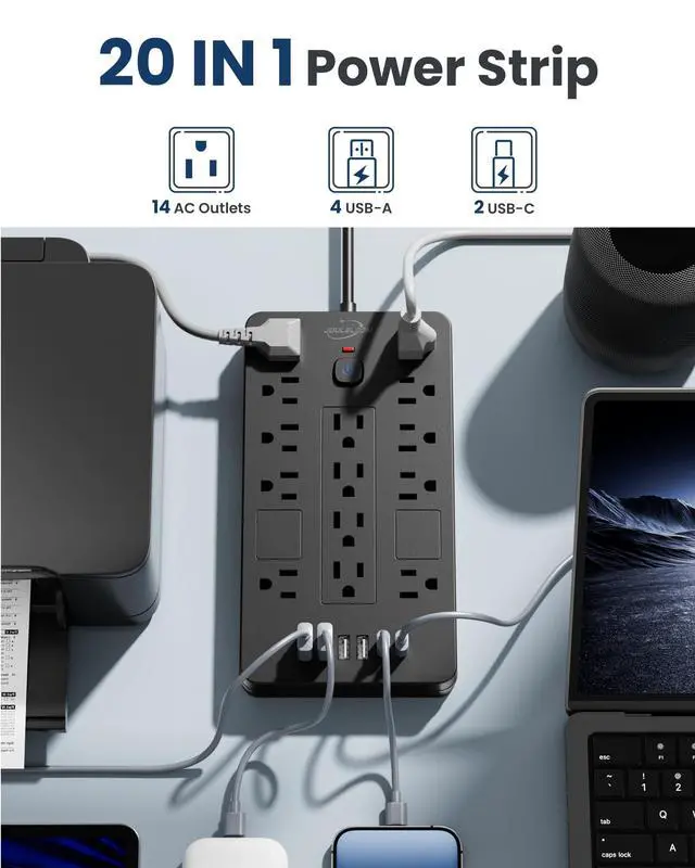 Alt view image 9 of 14 - Surge Protector Power Strip-14 Outlets and 6 USB Ports, 6 Feet Flat Plug Extension Cord, 1850 Joules, Black, ETL Listed for Home, Office, Dorm Room
