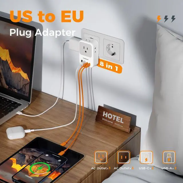 Alt view image 9 of 14 - European Travel Plug Adapter 2 Pack, PD 20W Adapter for Europe Plug with 4 AC Outlets 4 USB (2 USB C), Type C Adaptor for US to Europe, Italy, Spain, France, Portugal, Greece, Iceland, Germany
