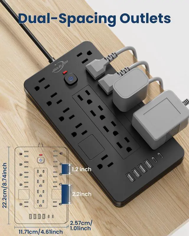 Alt view image 11 of 14 - Surge Protector Power Strip-14 Outlets and 6 USB Ports, 6 Feet Flat Plug Extension Cord, 1850 Joules, Black, ETL Listed for Home, Office, Dorm Room