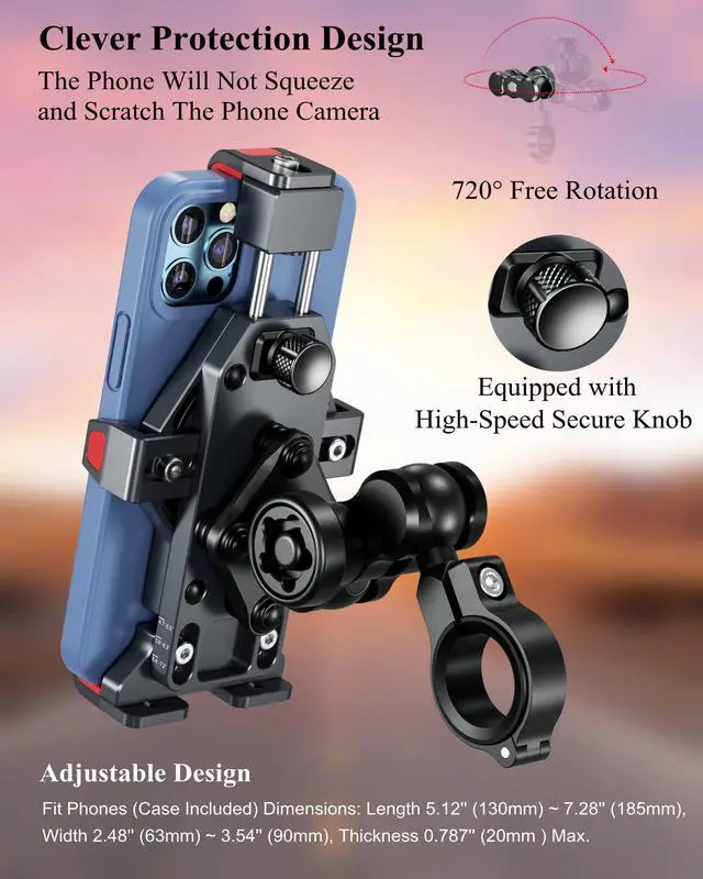 Alt view image 12 of 14 - Anti-Theft Aluminum Alloy Motorcycle Phone Mount with Vibration Dampener & High-Speed Secure Lock, Adjustable Bike Handlebar Cellphone Holder for Bicycle Scooter ATV, Fit 4.7-7.2'' Smartphone