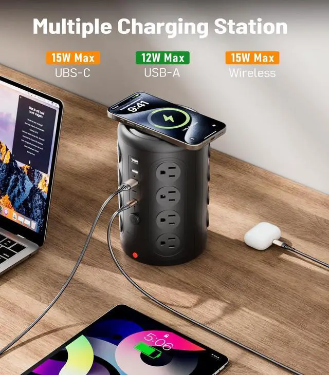 Alt view image 11 of 12 - Power Strip Tower Surge Protector, TenTrend 16 Outlets and 5 USB Ports (2 USB-C), 2000 Joules Charging Station, 6FT Flat Plug Extension Cord for Home Office Dorm Room Essentials, Black
