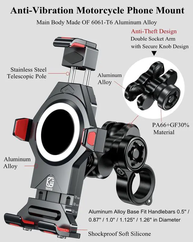 Alt view image 9 of 14 - Anti-Theft Aluminum Alloy Motorcycle Phone Mount with Vibration Dampener & High-Speed Secure Lock, Adjustable Bike Handlebar Cellphone Holder for Bicycle Scooter ATV, Fit 4.7-7.2'' Smartphone