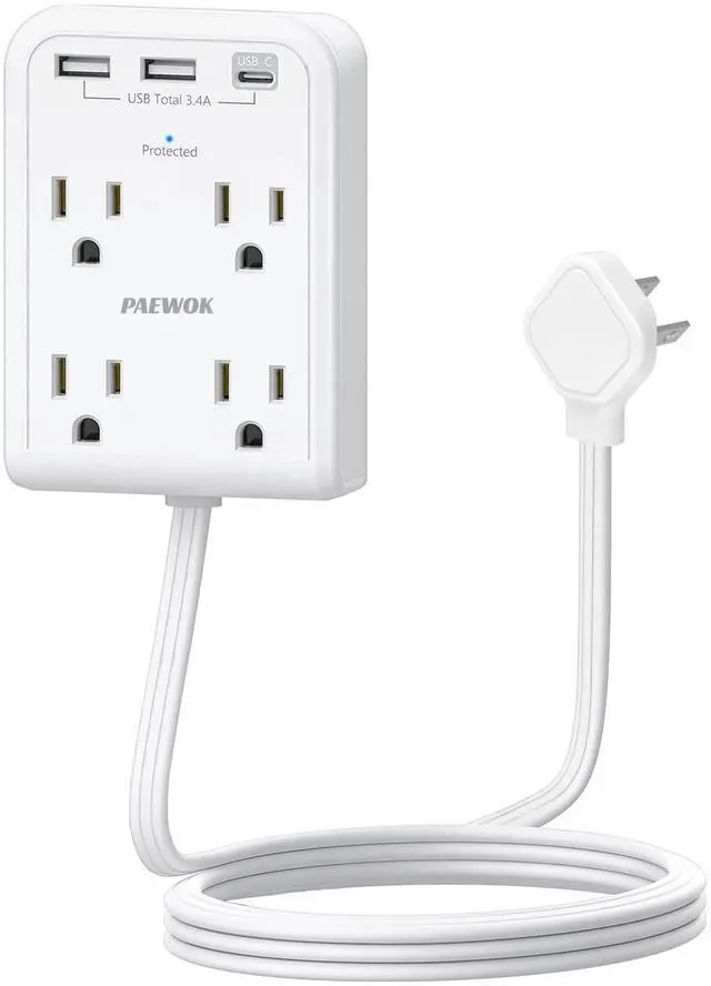 Alt view image 8 of 14 - Surge Protector Power Strip, Outlet Extender Stick with USB C Ports, 4 Outlet 3 USB, 4 FT Extension Cord Flat Wall Plug, Home Office Dorm Room Essentials, White