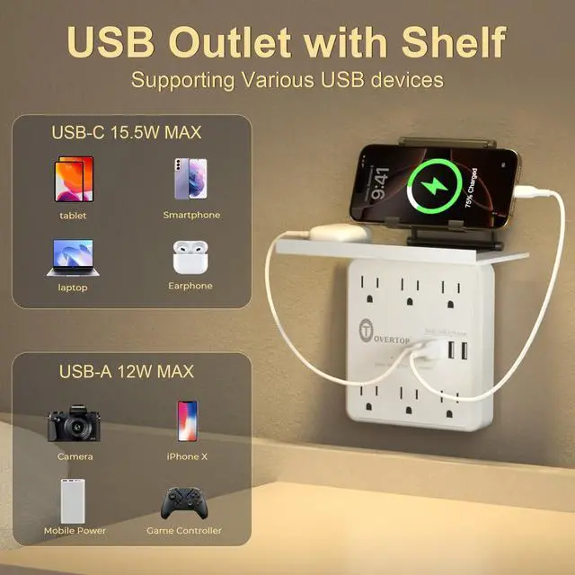 Alt view image 13 of 14 - Power Charger with Shelf, Wall Outlet Extender Surge Protector with 6 AC Outlets, 4 USB Ports(1 USB C) Plug Expander Charger Shelf with Storage for Home, Dorm