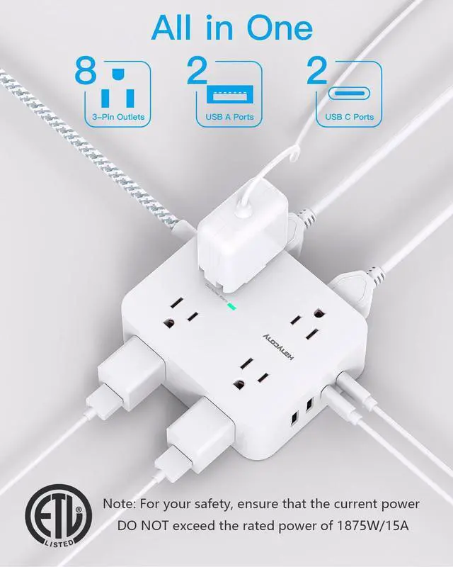 Alt view image 9 of 14 - Surge Protector Power Strip - 8 Outlets 4 USB (2 USB C) Charging Ports, Multi Plug Outlet Extender, 5Ft Braided Extension Cord, Flat Plug Wall Mount Desk Charging Station for Home Office ETL