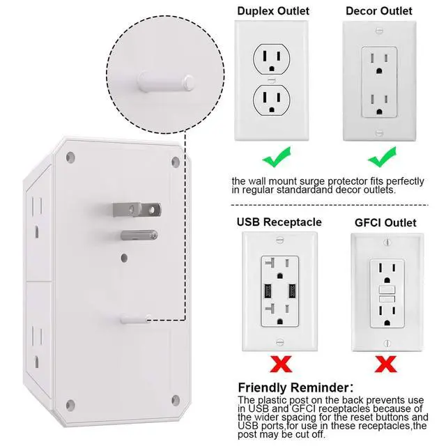 Alt view image 12 of 14 - Outlet Extender Surge Protector - 6 Outlet Splitter with 4 USB Ports(2 USB-C), Multi Plug Wall Outlet 1680J Power Strip for Home Office Dorm Room Essentials, ETL, White