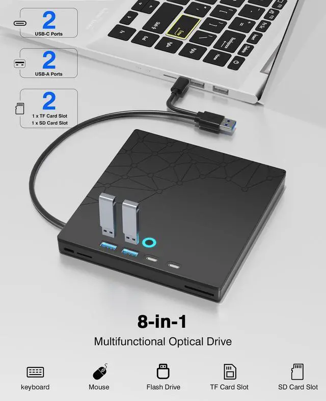 Alt view image 9 of 14 - External CD/DVD Drive for Laptop, DVD Burner CD Reader for Laptop, 8-in-1 USB 3.0 Portable CD Players with SD/TF Ports, External Disk Drive Optical for MacBook Windows 11 10 PC Linux OS