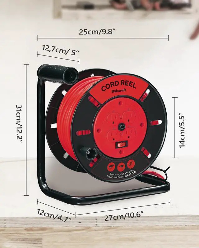 Alt view image 10 of 14 - Extension Cord Storage Reel with 4-Grounded Outlets, 15A Circuit Breaker, Heavy Duty Open Cord Reel for 12/3,14/3,16/3 Gauge Power Cord, Hand Wind Retractable, ETL Listed, Red R95CR06