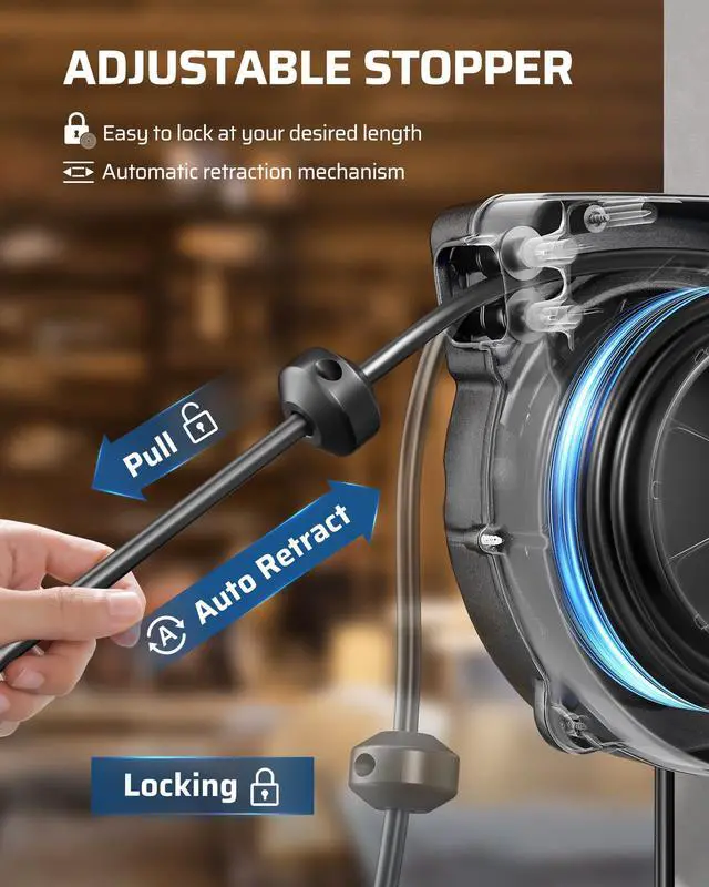 Alt view image 10 of 14 - 30FT Retractable Extension Cord Reel, 16/3C SJTW Heavy Duty Power Cord, Lighted Triple Outlets, 10A Circuit Breaker, Lightweight 180° Swivel Bracket, Ceiling/Wall Mount, ETL Listed, Black