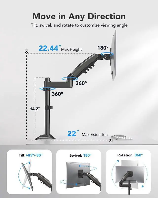 Alt view image 11 of 14 - Single Monitor Arm, Adjustable Desk Mount for 13-34 inch Screens, Holds 19.8lb, 22.44 inch Max Height, Full Motion Swivel Gaming Monitor Stand with VESA 75x75mm and 100x100mm Compatibility