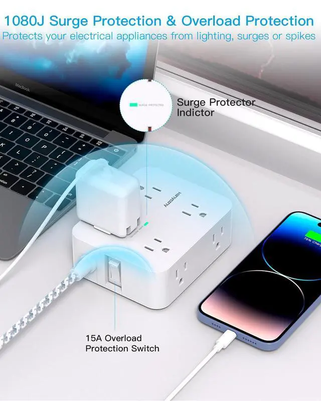 Alt view image 10 of 14 - Surge Protector Power Strip - 8 Outlets 4 USB (2 USB C) Charging Ports, Multi Plug Outlet Extender, 5Ft Braided Extension Cord, Flat Plug Wall Mount Desk Charging Station for Home Office ETL