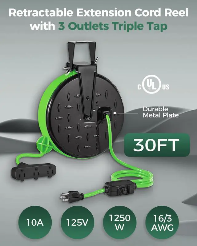 Alt view image 9 of 14 - 30 Ft Retractable Extension Cord Reel, 16/3 Gauge SJTW Power Cord with 3 Electrical Outlets Pigtail for Garage and Shop, 10 Amp Circuit Breaker, Metal Plate, UL Listed, Green J30CR06