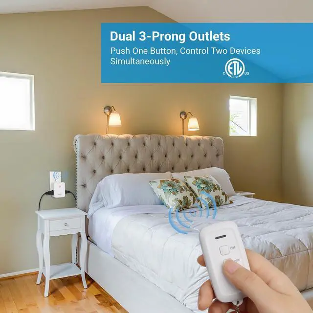 Alt view image 10 of 14 - 2 Side Outlets Remote Control Outlet with 2 Remotes, No Interference Wireless Remote Outlet Light Switch with 2 Outlets, 15A/1875W, 100ft RF Range, Programmable