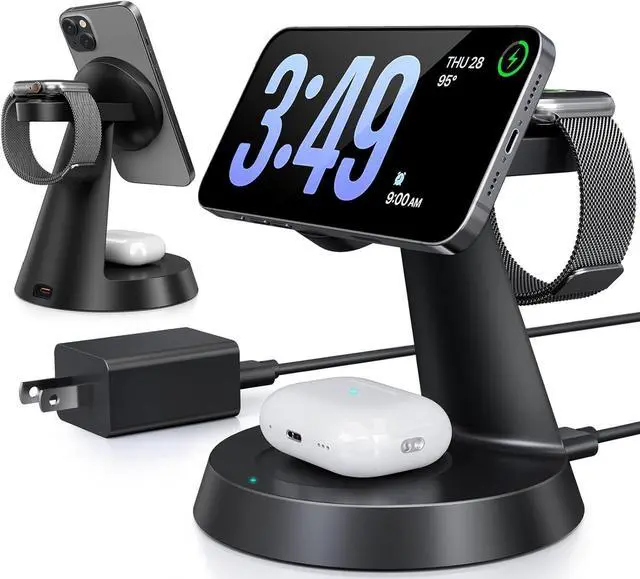 Alt view image 8 of 14 - 3 in 1 Wireless Charging Station for Apple, 15W Mag-Safe Charger Stand for iPhone17/16/15/14/13/12 Pro/Max/Plus/, Phone Charger Stand for Airpods 4/3/2, Wireless Charger for iWatch Series(Black)