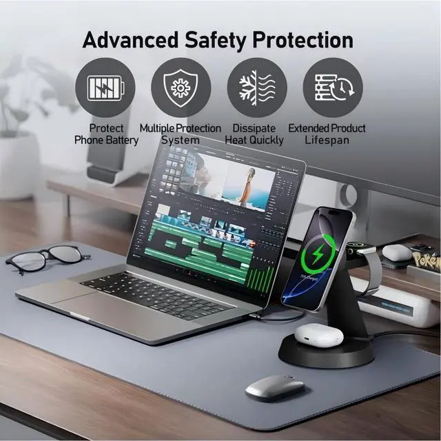 Alt view image 14 of 14 - 3 in 1 Wireless Charging Station for Apple, 15W Mag-Safe Charger Stand for iPhone17/16/15/14/13/12 Pro/Max/Plus/, Phone Charger Stand for Airpods 4/3/2, Wireless Charger for iWatch Series(Black)
